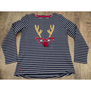 Joules Harbor Luxe Reindeer Navy Blue Long Sleeve Christmas Shirt US 8 Medium